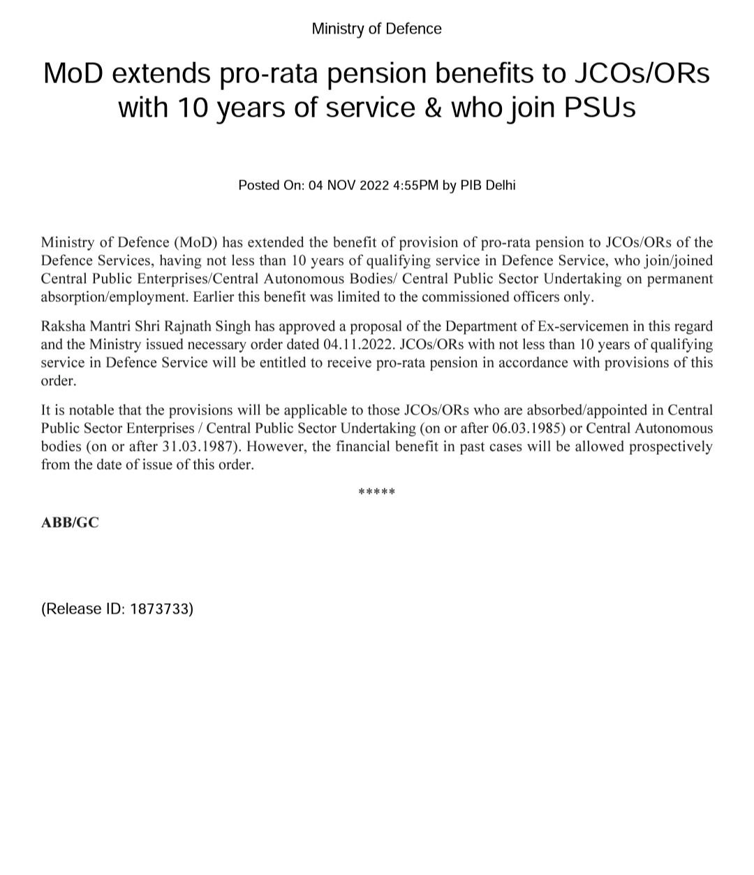 "mod order regarding pension payment"