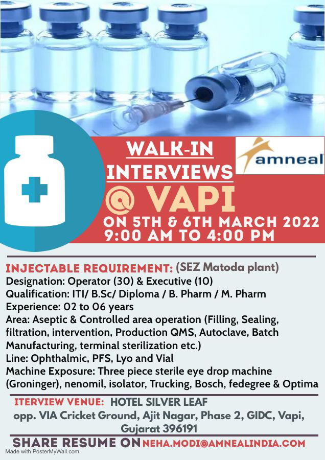 Job Availables,Amneal Pharmaceuticals Walk-In-Interview For B.Pharm/ M.Pharm/ BSc/ Diploma/ ITI