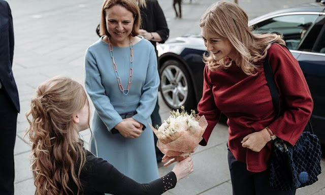 Princess Stephanie wore a panda burgundy silk top blouse by Natan. Corinne Cahen, Minister of Family and Integration