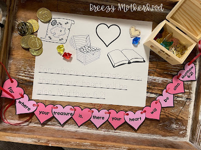 Matthew 6:21 handwriting tracing memory verse for preschoolers