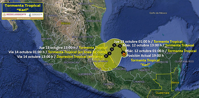 En el pronóstico, Karl se acercará a la costa de México el jueves, seguido de un debilitamiento gradual.