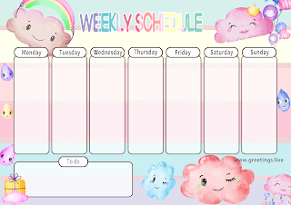 Engaging weekly schedule template with charming cloud characters and a vibrant rainbow, ideal for children’s activity planning and organization