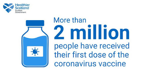 170321 Scotland have vaccinated over 2m people. Image of bottle with COVID virus picture on label, alongside text