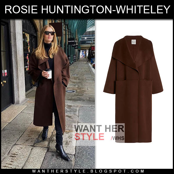 Rosie Huntington-Whiteley in brown wool coat and black ankle boots