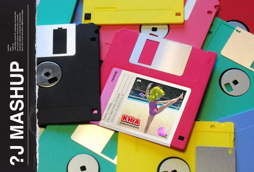 A pile of colourful floppy discs. With one pink disc with a label on it, which features the cover art of my Khia x Super Mario 3D World mashup. The cover art of which features a shot of Princess Peach performing gymnastics, from the video game Mario & Sonic at the Olympic Games Tokyo 2020.