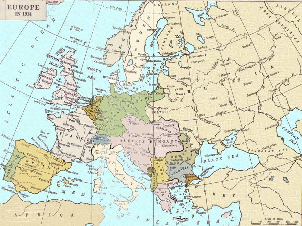 map: European alliances on the eve of World War I: