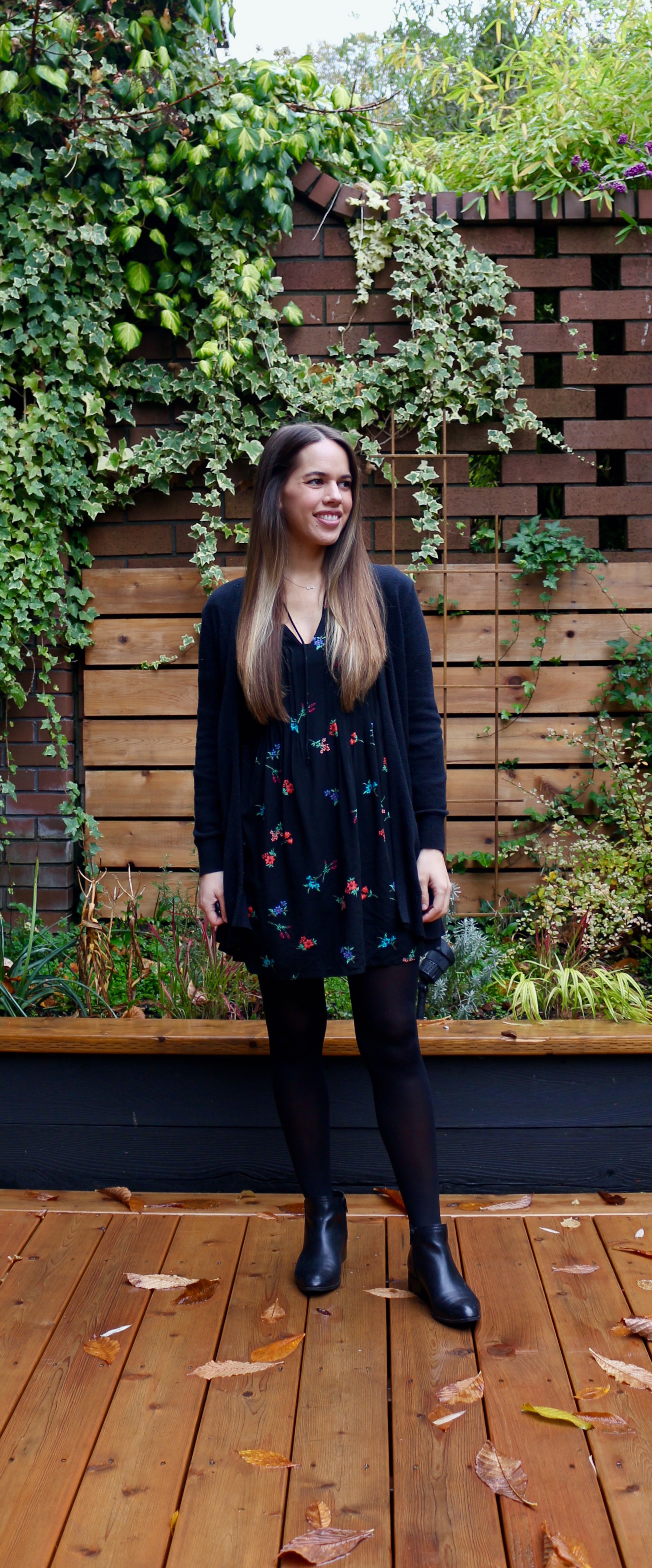 Jules in Flats - Black Floral Swing Dress with Booties (Business Casual Workwear on a Budget)