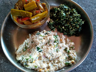 Little millet Curd rice, Drumstick Brinjal curry, Ponnaanganni greens poriyal