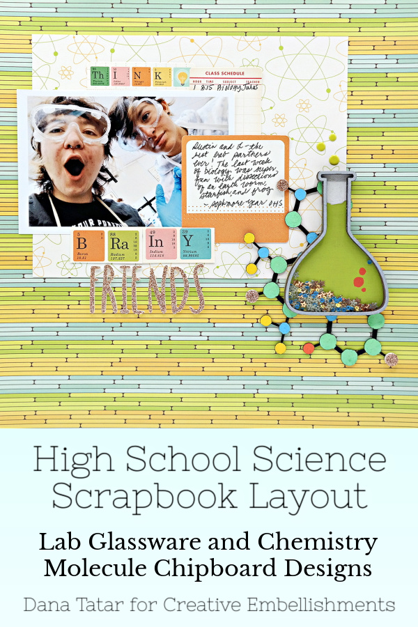 Brainy Friends Science Themed Biology Lab Scrapbook Layout with Chemistry Inspired Chipboard Embellishments