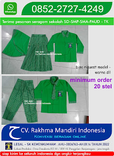 baju identitas sd–desain terbaru–pakaian indentitas sekolah sd polos hijau muda kombinasi kotak kotak warna hijau tua -contoh pakaian identitas sekolah sd laki laki dan perempuan desain lengan panjang, celana panjang, rok panjang , kerudung, dasi cocok untuk anak sd negeri dan swasta, seragam identitas sd model muslim, jenis kain baju kotak kotak akrilik, polos oxsford, fitur tekstur kain tebal, adem, halus, pilihan motif banyak,  bordir gratis logo sd- ongkir diskon special poduksi CV. Rakhma mandiri Indonesia KODE PRODUK BM-14