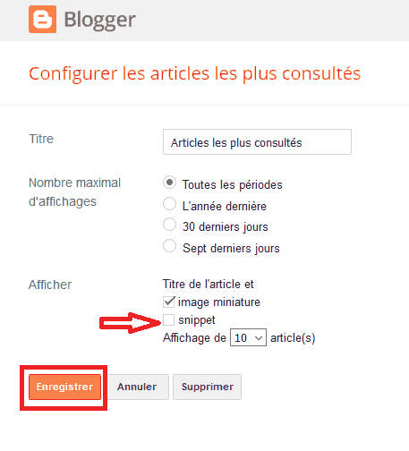 fenêtre de configuration des articles les plus consultés