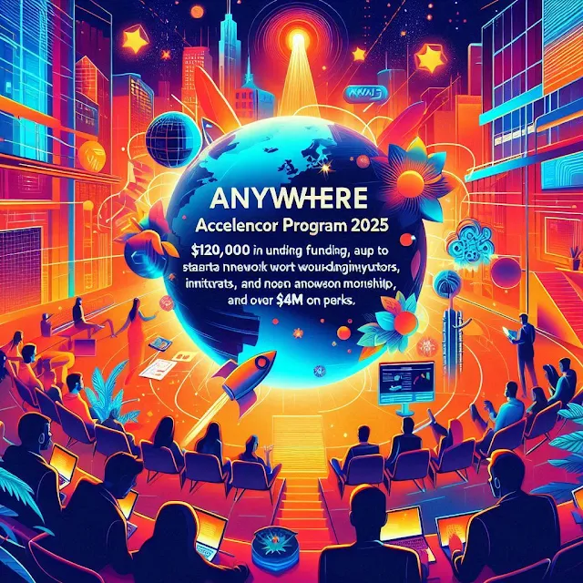 Promotional graphic for Techstars Anywhere Accelerator Program 2025. Highlights funding of up to $120,000 for startups innovating across any industry, with access to a global network, mentorship, and additional perks. Application deadline: November 20, 2024.