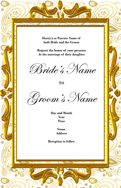 Paisley background and an elegant golden frame this wedding invitation will