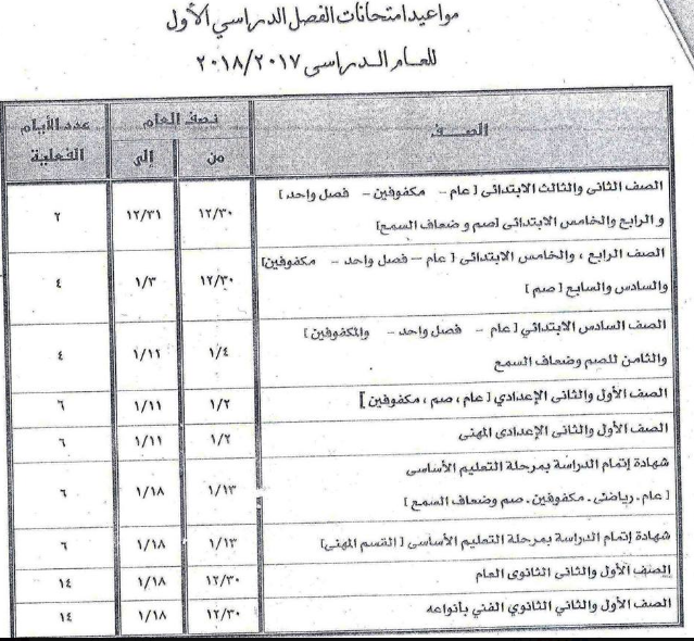 جدول بمواعيد امتحانات الترم الاول بمحافظة الجيزة 2018 وتبدا الامتحانات يوم 30 ديسمبر 2018