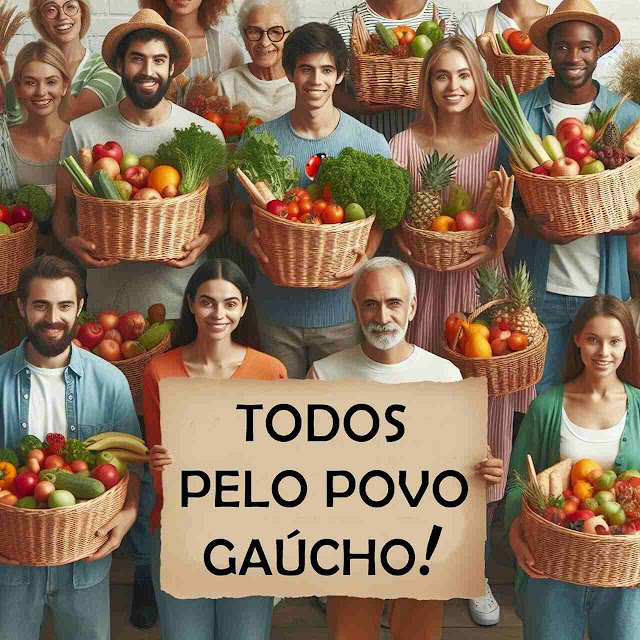 Composição: Pessoas com cestos nas mãos e num cartaz escrito: TODOS PELO POVO GAÚCHO!