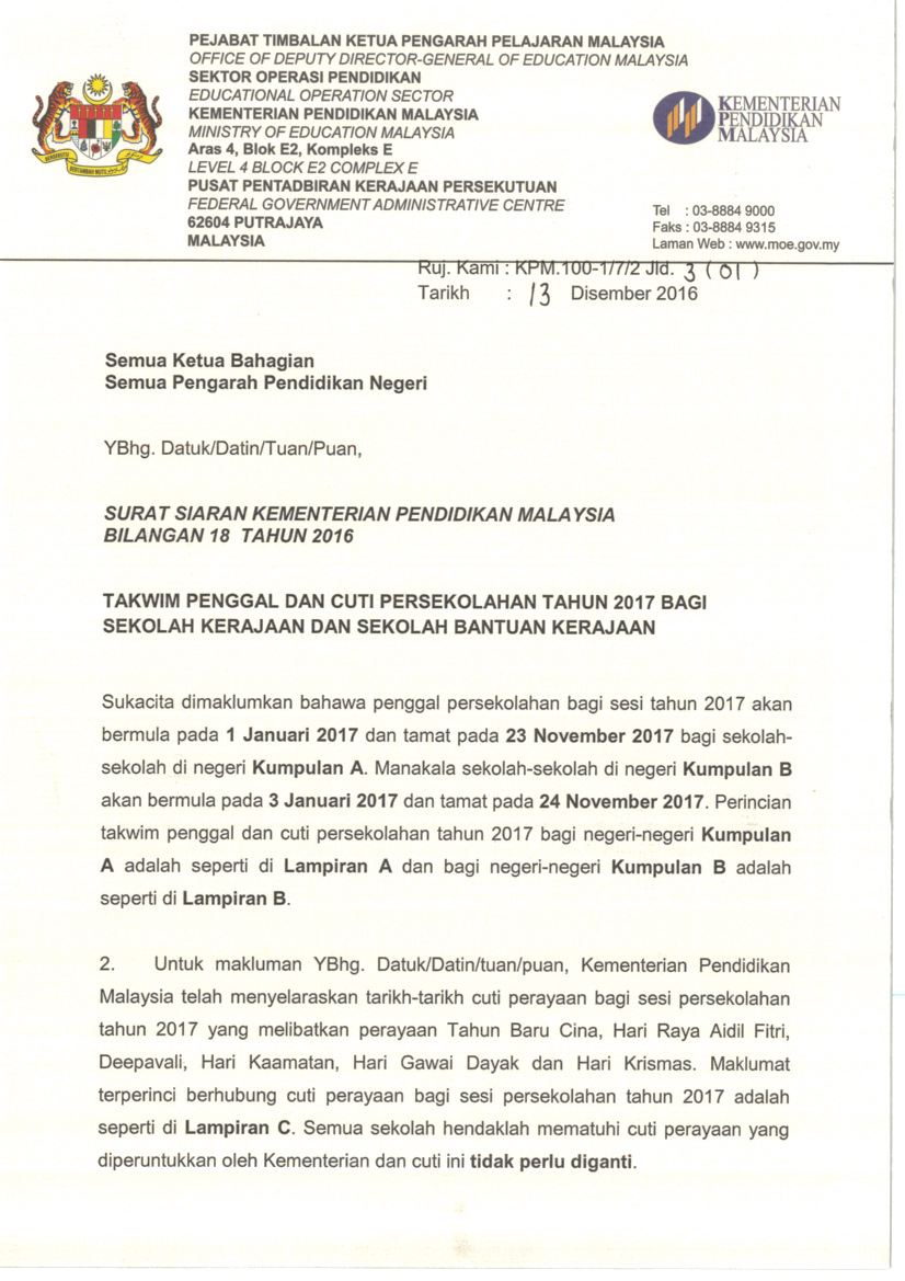 Kementerian Pendidikan Malaysia (KPM) telah mengeluarkan 