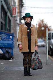 marisa chebul shearing coat, turtleneck argyle tights floral bag western hat seattle street style fashion it's my darlin'