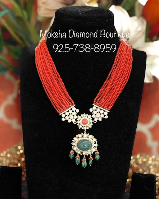 Coral Beads Set with Moissanite Pendant