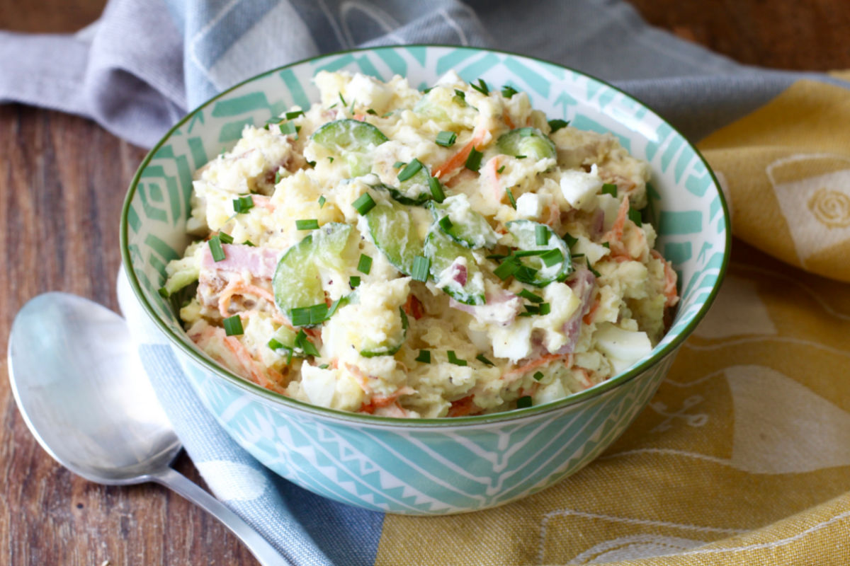 Japanese Potato Salad in a bowl with a spoon.