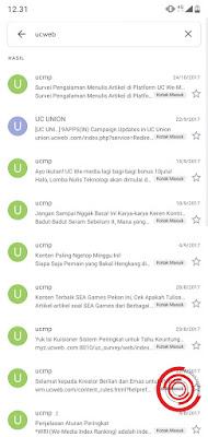 3. Sebagai contoh saya mencari email yang ada kata "ucweb" dan akan muncul beberapa email pada tahun 2017 yang ada kaitannya dengan kata kunci ucweb tadi