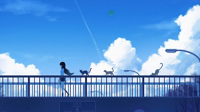 Anime School Girl, Bridge, Cats, Blue Sky