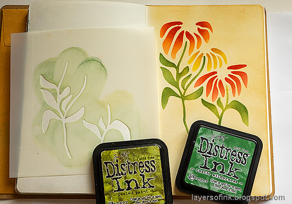 Layers of ink - Coneflowers Art Journal Page Tutorial by Anna-Karin Evaldsson. Add green ink.