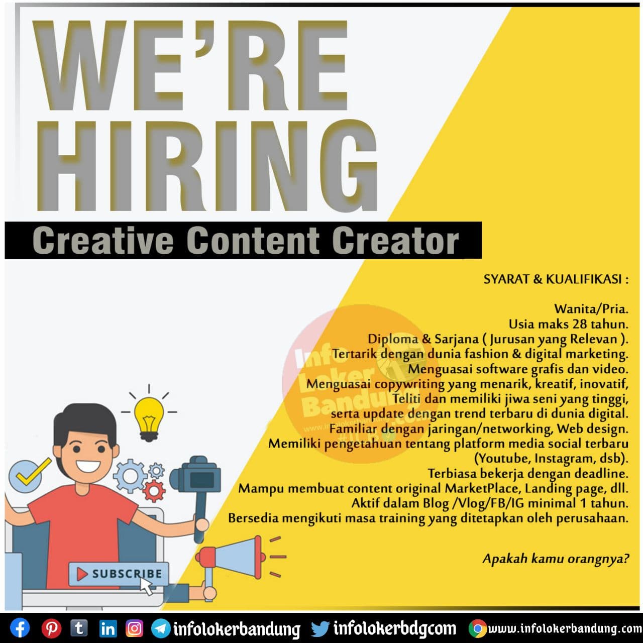 Lowongan Kerja Creative Content Creator PT. Anugerah RST269 Bandung November 2020