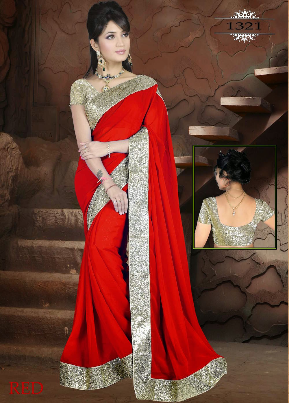 Red Georgette Designer Saree With Blouse Piece