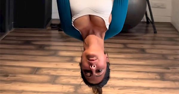 Hina Khan cleavage aerial yoga video