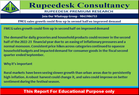 FMCG sales growth could firm up in second half on improved demand - Rupeedesk Reports - 06.10.2022