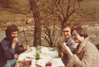 Picnic lunch by the side of a stream on our road trip John, George and Josie