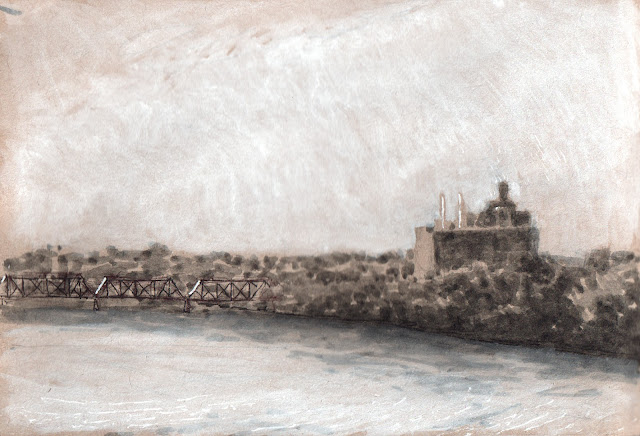 Pen and ink wash sketch of power plant and railroad bridge with Connecticut River in foreground, against hazy white sky..