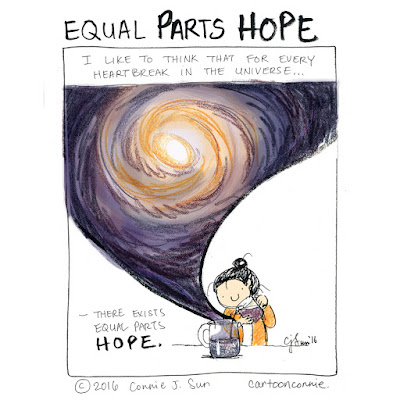 Illustration caption: "I like to think that for every heartbreak in the universe, there exists equal parts hope." Artwork by Connie Sun, cartoonconnie