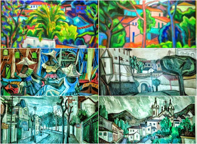 Colagem dos quadros do artista plástico Inimá de Paula com o tema Paisagem Urbana