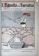 Portada del semanario L'Esquella de la Torratxa en la que las demás regiones de España son representadas como cerdos comiendo de Cataluña.  