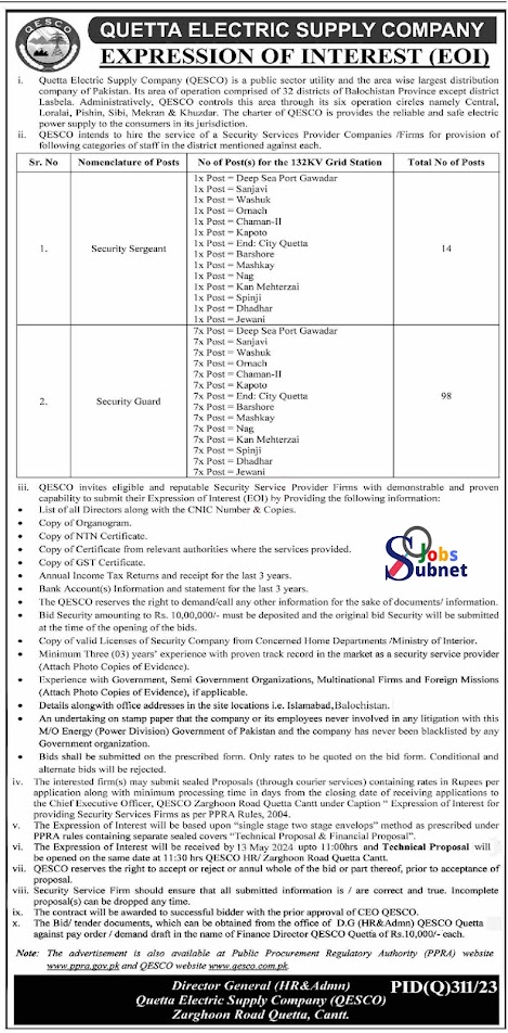 Quetta Electric Supply Company QESCO Jobs 2024 (خالی آسامیاں 112)