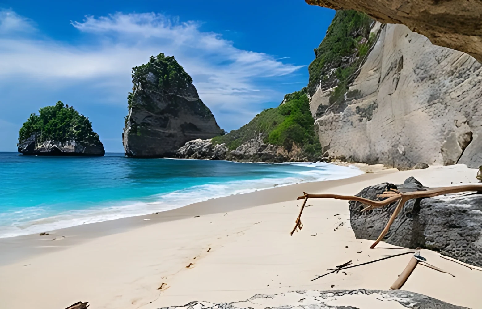 The beautiful sandy beach (Diamond Beach) with rocky mountains and clear water of Nusa Penida, Bali, Indonesia