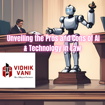 A robot doing arguments in a courtroom in front of judge, Title of article, vidhik vani logo