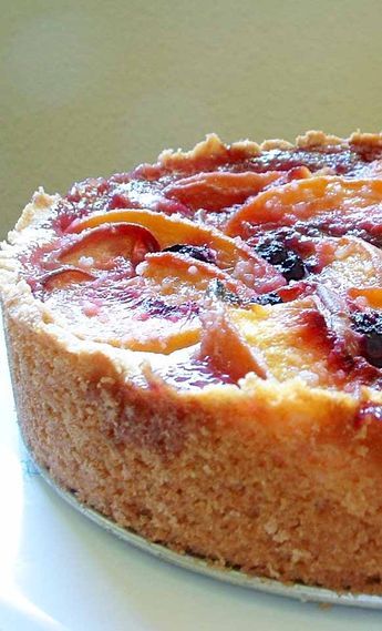 Peach Blueberry Cake ~ Elegant peach and blueberry cake with a rich, buttery, biscuit-like crust. ~ SimplyRecipes.com