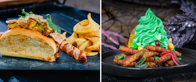 Spicy Pulled Pork Dog and Oogie Boogie Funnel Cake