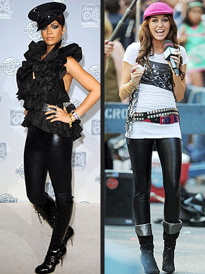  latex leggings RB songstress Rihanna or pop princess Miley Cyrus