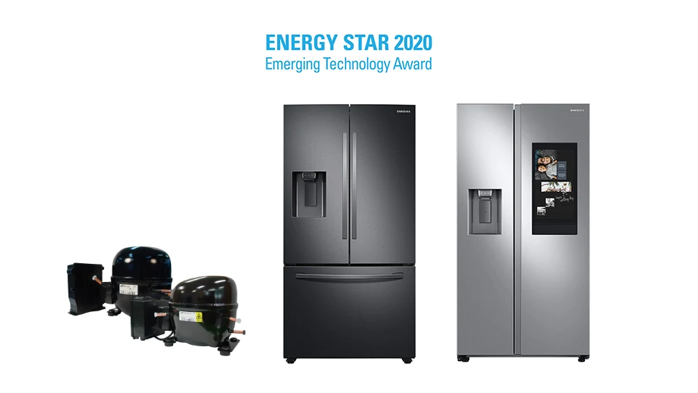 ▲ ENERGY STAR 2020 Emerging Technology Award를 수상한 삼성 냉장고와 디지털 인버터 컴프레서