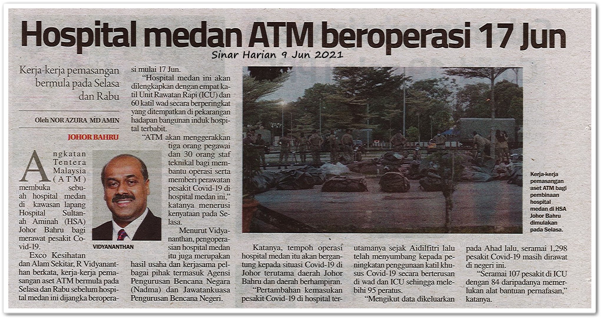 Hospital medan ATM beroperasi 17 Jun - Keratan akhbar Sinar Harian 9 Jun 2021