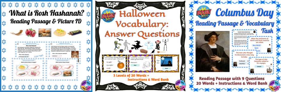 Covers for the Rosh hashanah, Columbus Day, and Halloween Boom Cards resources by The ESL Nexus