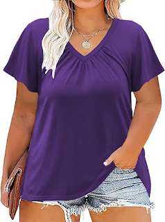 Womens-Plus-Size-Tops Summer Ruffle Short Sleeve Shirts Shirred V Neck Tunics