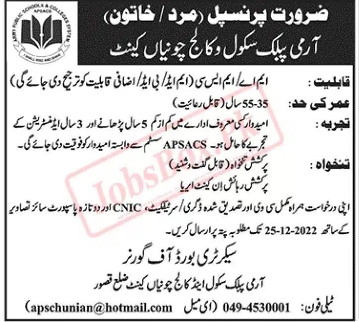 Army Public School and College Chunian Cantt Jobs 2022-23