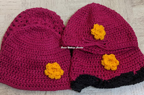 Sweet Nothings Crochet free crochet pattern blog, free crochet pattern for a chemo cap, photo of four of the chemo caps made with similar colored maroon yarn,