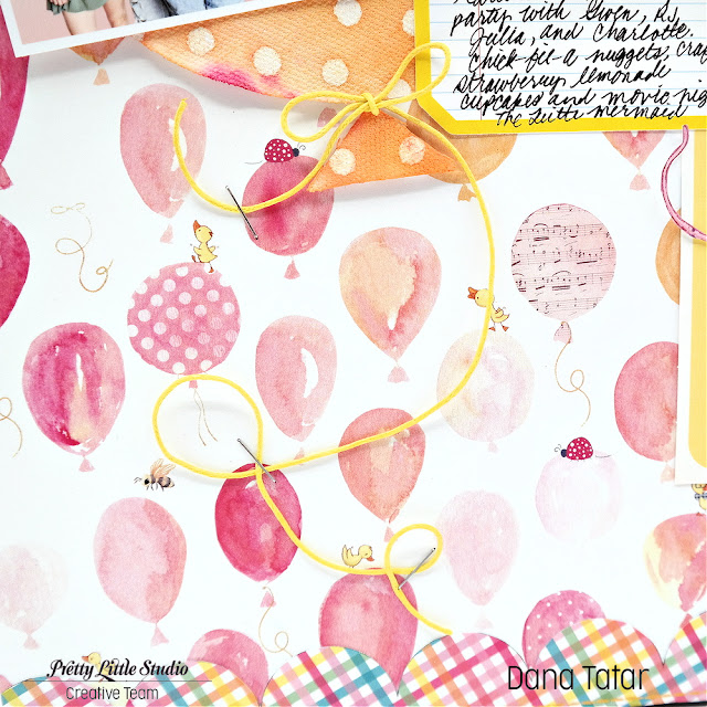 Celebration Scrapbook Layout with the Pretty Little Studio Birthday Bash patterned paper and a DIY misted resist canvas balloon photo and journaling spot.