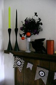 style, design, mantle, styled surface, surface, Halloween, My Mind's Eye garland, swedish candleholders, Pearl Grey Fiestaware