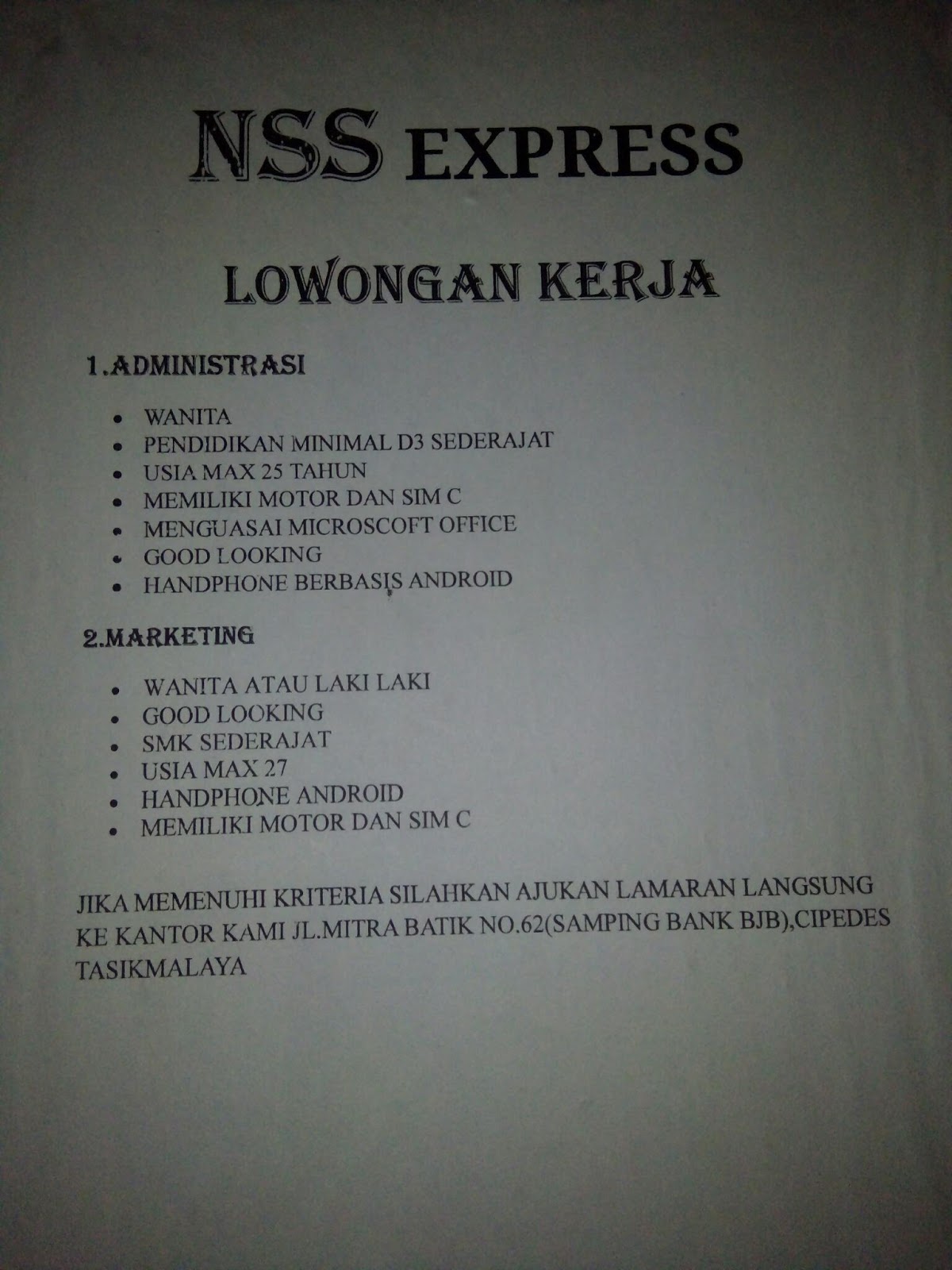 Dibutuhkan SECEPATNYA bagi yang memenuhi kriteria langsung kirim berkas lamarannya